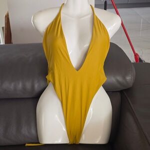Mars The Label Mustard Yellow Plunging High Cut Braided Wrap One Piece Swimsuit